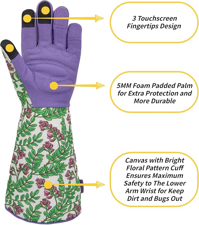 Thornproof Gardening Gloves,Garden Glove for Rose Picking,Gifts | Durable Canvas with Cute Floral Pattern,Synthetic Leather,Touchscreen,Gardening Gifts for Men&Women,Digging,Weeding,Pruning