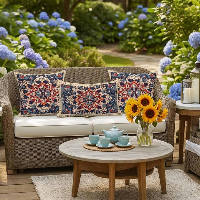 Bohemian Waterproof Outdoor Pillow Covers Set of 2 Home Decor, Blue Retro Boho Ethnic Farmhouse Colorful Pillowcase Patio Pillow Covers for Couch Bench Furniture Garden 16x16in