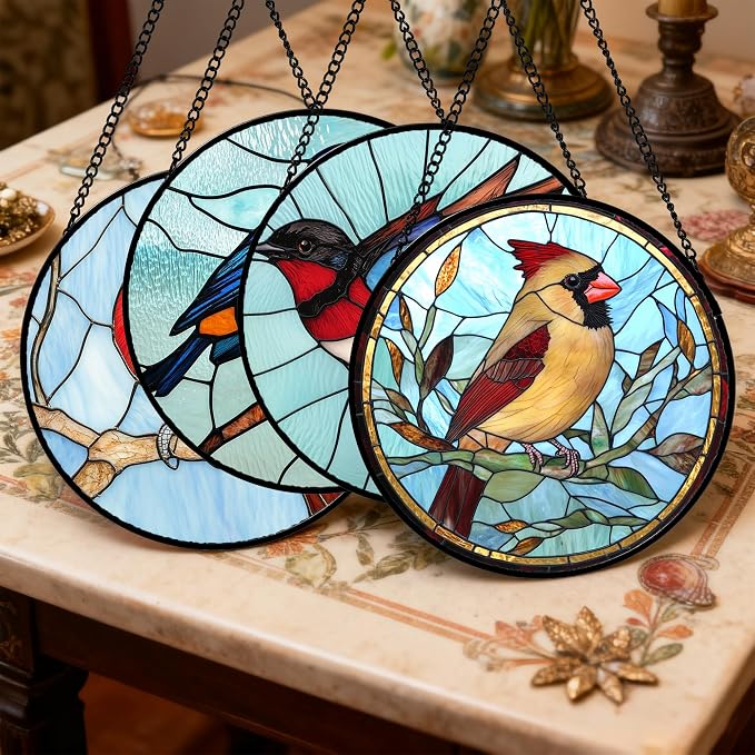 Stained Glass Window Hanging 4 Pcs Set Cardinal Blue Birds Large 15" - Suncatcher Door Garden Sun Catcher Decor Birthday Mother's Day for Bird Lovers Men Woman Nana Friend