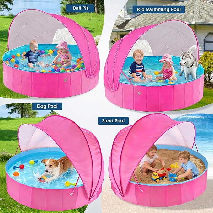 Jasonwell Kiddie Baby Pool with Canopy - Foldable Infant Toddler Kids Pool with Shade Baby Beach Essentials Tent Swimming Wading Pools for Toddlers 1-3 + Kids Dogs Ball Pit Backyard Water Play R, 63"