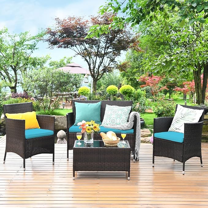 COSTWAY Outdoor Rattan Patio Furniture Set 4 Pieces | Wicker Rattan Cushioned Conversation Conversation Chairs with Coffee Table for Backyard Balcony Porch Poolside, Turquoise