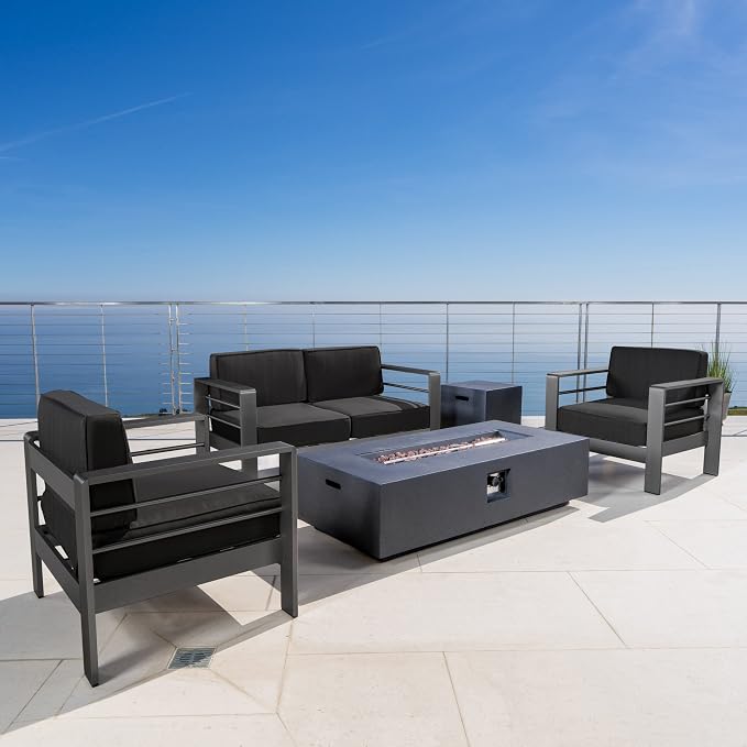 Coral Bay Outdoor Grey Aluminum 5 Piece Loveseat Chat Set with Fire Table (Dark Grey)