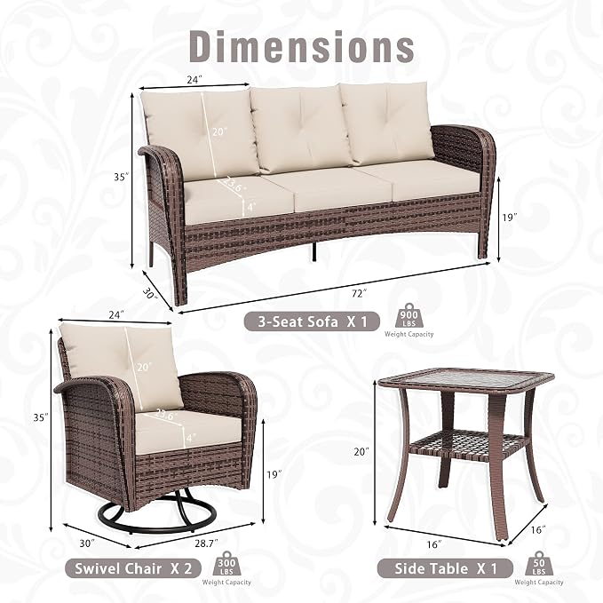 4 Piece Patio Conversation Set - 2 Swivel Chairs 1 Coffee Table 3-Seater Sofa, PE Wicker & Steel Patio Furniture with Heavy-Duty Steel Frame,Weatherproof Cushions, Beige