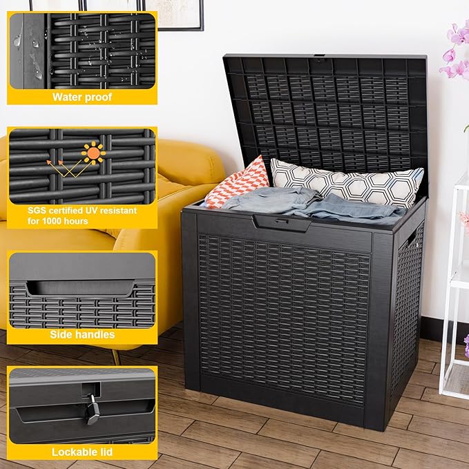 DRATO 31 Gallon Deck Box, Outdoor Storage Box for Patio Cushion, Garden Tools, Waterproof Resin Storage Box (Black, 31 Gallon)
