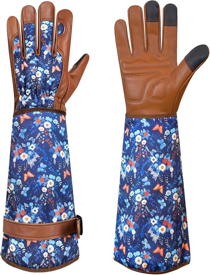 DLY Garden Gloves for Women,Gardening Gloves,Garden Gift for Lady,Brown,XL | Thornproof Cowhide Palm, Foam-Padded Grip, Long Blue Floral Print Cuff, 3-Finger Touchscreen, Pruning, Planting & Yard Work