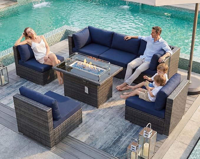 BULEXYARD 7 Piece High Back Outdoor Furniture Set with Fire Pit, Durable All Weather Wicker Patio Couch Sofa Set, Large Modular 6-Seater Sectional Backyard Seating Wide Deep for Lawn, Grey & Navy Blue