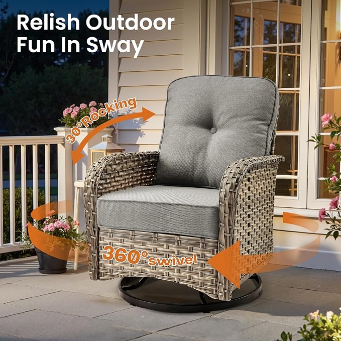 ovios 9 Piece Patio Sectional Furniture with Swivel Rocking Chairs, Rattan Wicker Coversation Couch Set, Outdoor Sofa Set for Outside Porch Balcony Backyard Pool, Dark Grey