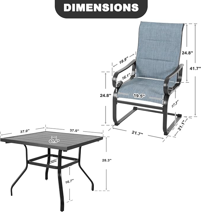 NUU GARDEN 5-Piece Outdoor Patio Furniture Dining Set, 37" Square Metal Table with 1.6" Umbrella Hole and 4 Textilene Padded Chairs, All-Weather Dining Set for Backyard, Deck, Garden, Blue