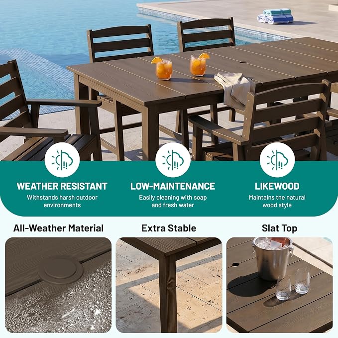 PLUUV Outdoor Dining Set for 8 Person, HDPE Large Table with Aluminum Legs and 8 Armless Chairs, All-Weather Patio Dining Furniture Set with Umbrella Hole for Backyard, Garden, Coffee