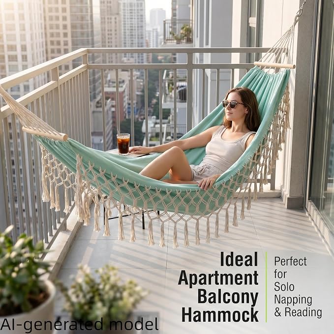 Bohemian Canvas Hammock with Tassels, Mint Green, 79"x39" | Soft Breathable Cotton Canvas Hammock,79x39in,2 Hanging Straps Wooden Bar;3 colors,compact for students renters dorm balcony
