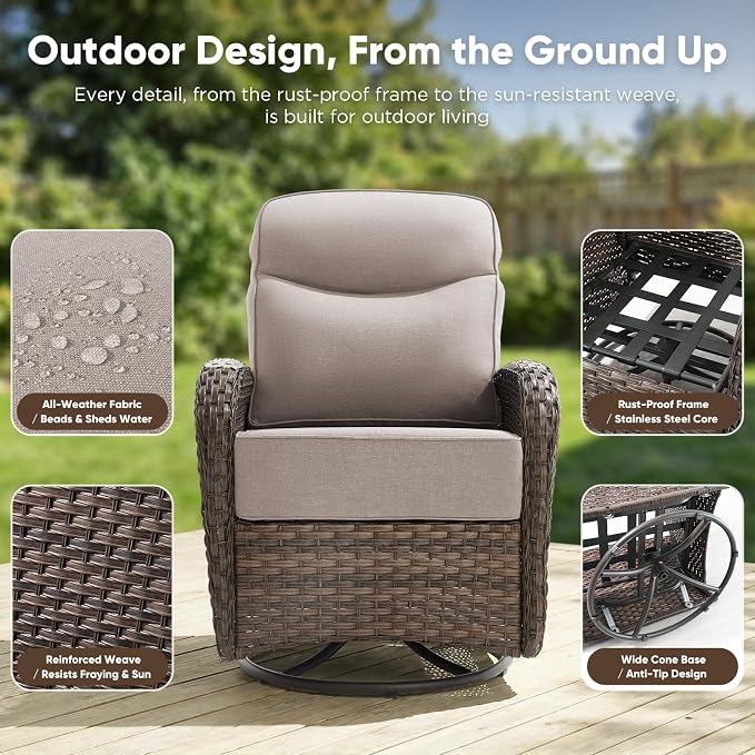 HUMMUH 7-Piece Patio Furniture Set with 6" Thick Cushion High Back Outdoor Swivel Rocker Chairs with 3-Seater Sofa,Coffee Table & Ottomans,Wicker Outdoor Conversation Set for Deck, Porch,Poolside