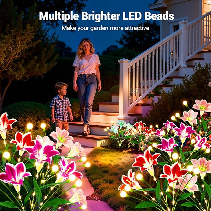 WdtPro Upgraded Solar Garden Lights Outdoor: 8 Pack 2-in-1 Solar Firefly Swaying Light with Lily Flower and Glowing Stem, Waterproof Garden Decor for Yard Patio Pathway Lawn, Gardening Gifts for Women