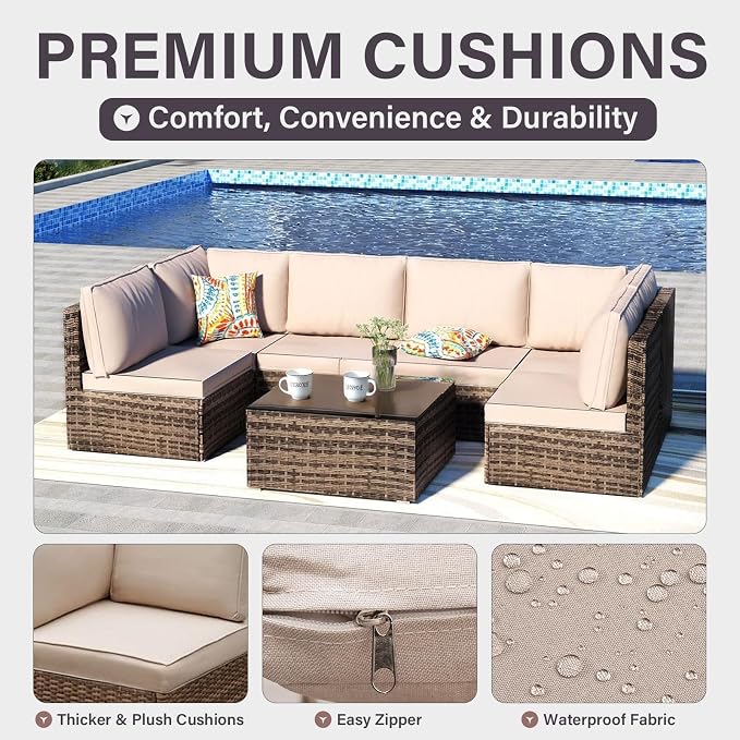 7-Piece Outdoor Patio Furniture Set, Outdoor Couch - Handwoven All-Weather Rattan & 4” Thick Waterproof Cushions, Wicker Outdoor Conversation Sets with Coffee Table for Backyard, 2026, Brown/Beige