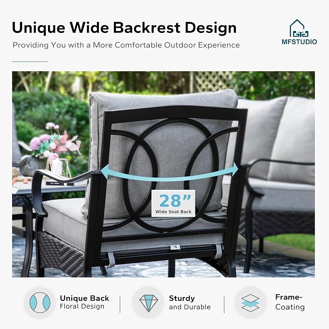MFSTUDIO 4 Pieces Outdoor Patio Furniture Set, Metal Outdoor Conversation Set, Rattan Wicker Patio Sectional Sofa Set with 2 x Fixed Single Sofa, 3-Seat Sofa, 1 x Coffee Table, Grey