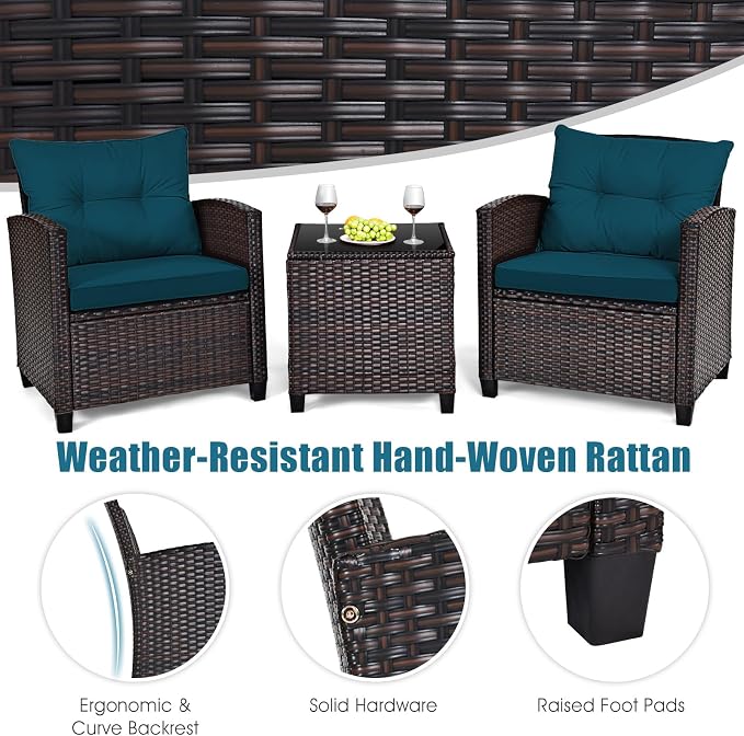 3-Pieces Patio Furniture Set, PE Wicker Chairs Sofa Set with Removable Cushions & Glass Top Side Table, Outdoor Wicker Rattan Conversation Chair for Porch,Backyard, Balcony (Peacock Blue)