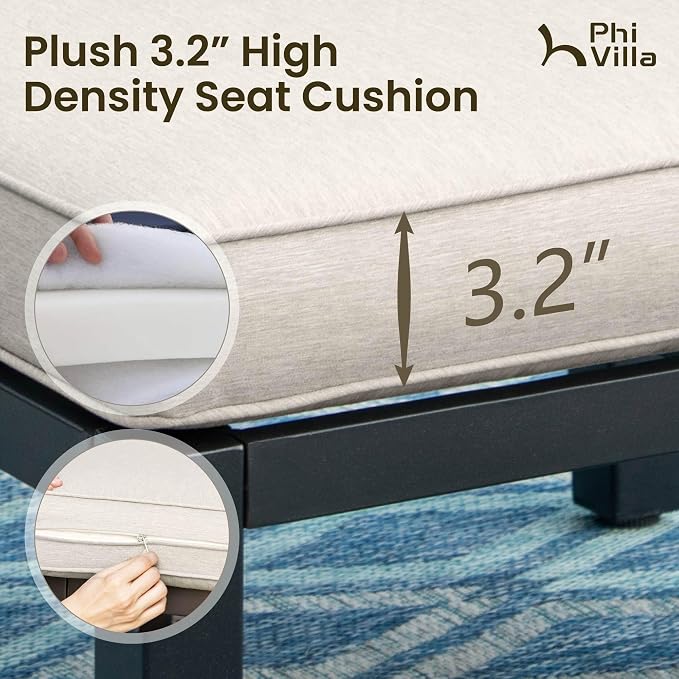 PHI VILLA Outdoor Patio Furniture Set, Metal Frame Modern Loveseat Couch for Poolside and Backyard,Light Grey