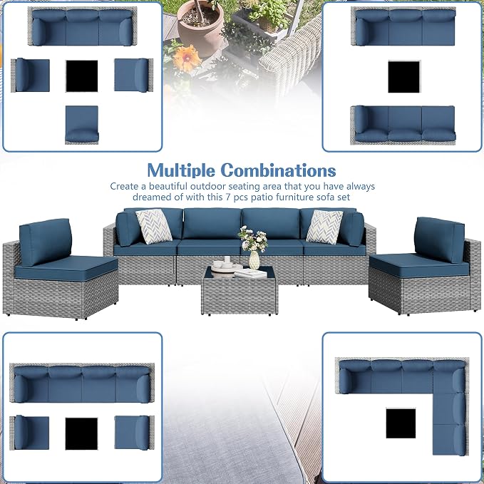 7 Piece Outdoor Patio Furniture Set,Silver PE Rattan Wicker Sectional Sofa, All Weather Conversation Set with Washable Cushions & Glass Coffee Table for Backyard Poolside Garden Porch,Navy Blue