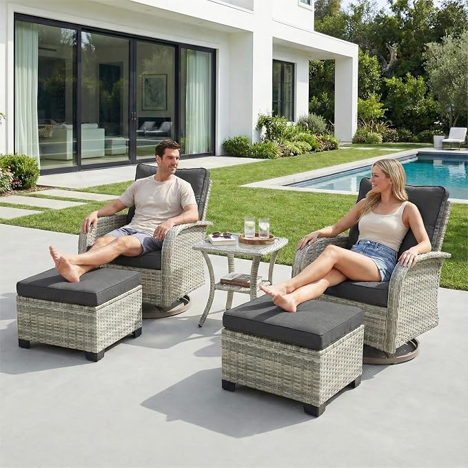 5-Piece Small Patio Furniture Set, Outdoor Swivel Rocking Chairs Set with Ottomans, Patio Bistro Set for Balcony, Deck, Porch, Black