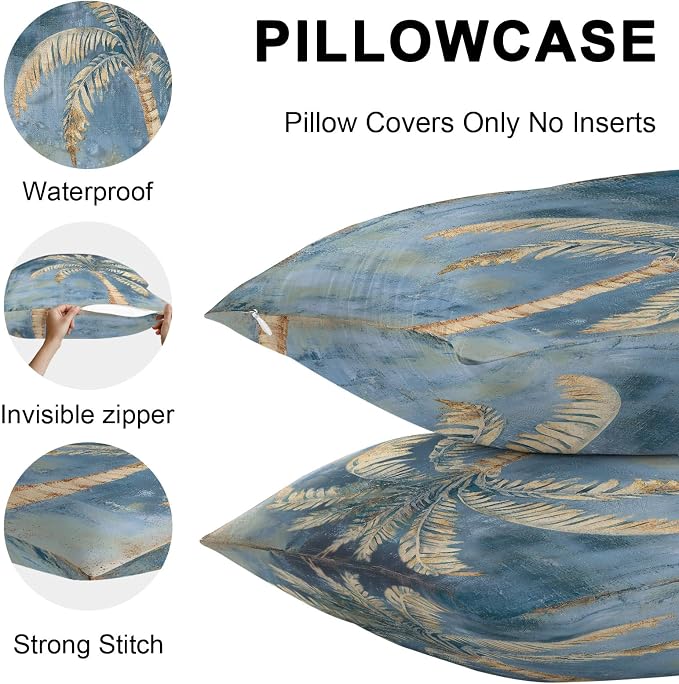 Coastal Beach Tree Blue Brown Outdoor Waterproof Pillow Covers, Vintage Summer Palm Tree Decorative Square Throw Pillowcase, Tropical Botanical Sofa Cushion Sham for Patio/Couch/Chair, 16"x16" 2 Pack