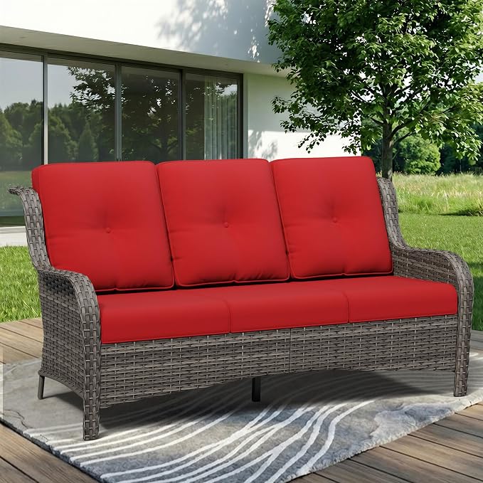 3 Seat Outdoor Couch, Wicker Patio Sofa with Thickened Olefin Cushions, High Back and Deep Seating, Hand-Woven PE Rattan for Porch, Deck, Balcony