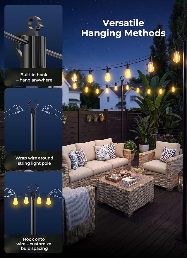Brightown 52FT Solar String Lights Outdoor Waterproof, 26Hrs Runtime | 15+1 LED Bulbs, USB & Solar Powered, Remote Control & Dimmable Timer, Ideal for Backyard, Garden, Camping & Party Decor