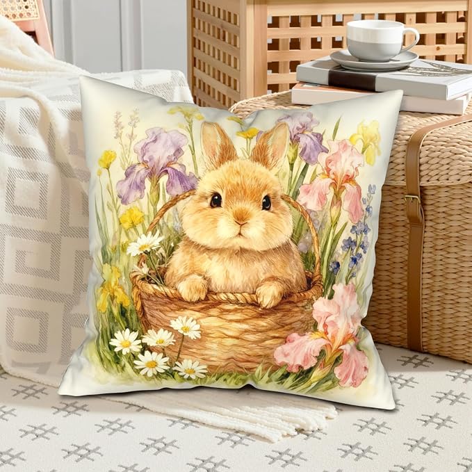 Easter Bunny Throw Pillow Covers Spring Watercolor Rabbit Floral Pillow Covers 22x22 Set of 2 Happy Easter Farmhouse Pillow Cases Spring Holiday Cushion Cases for Home Couch