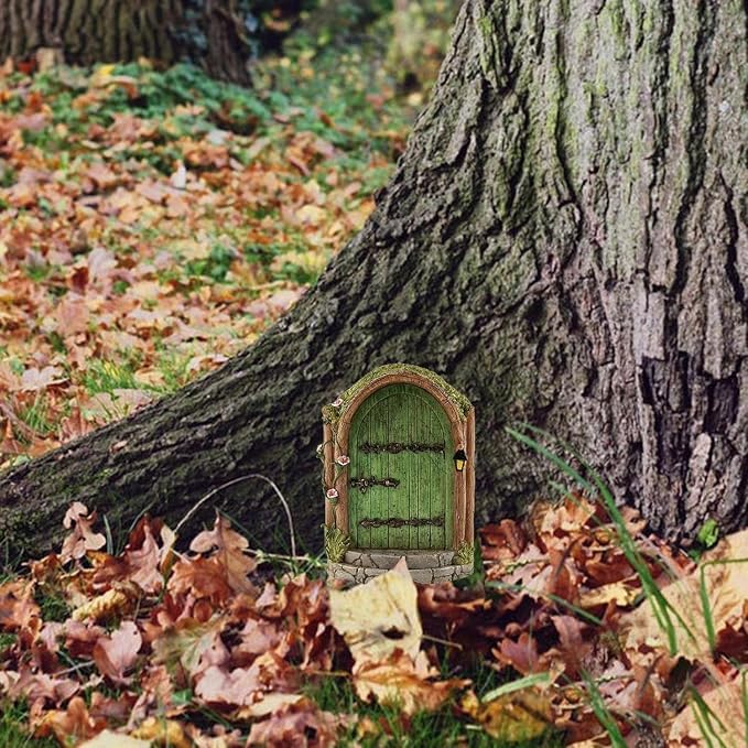 Green Fairy Door, Wooden Miniature Fairy Garden Doors Outdoor Mini Fairy Gnome House Accessories for Tree Trunk Ornaments Garden Miniatures, Fairy Doors for Trees Outdoor, Gnome Door for Tree Trunk