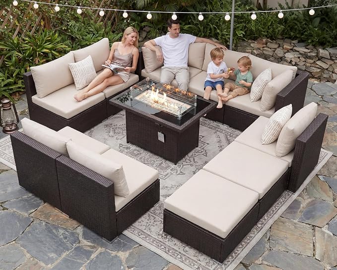 BULEXYARD 11 Piece High Back Outdoor Furniture Set with Firepit, Cozy Patio Conversation Set with Ottoman Modular, Extra Wide Deep 10-Seats Sectional Couch Sofa for Yard, Brown Rattan & Beige Cushion