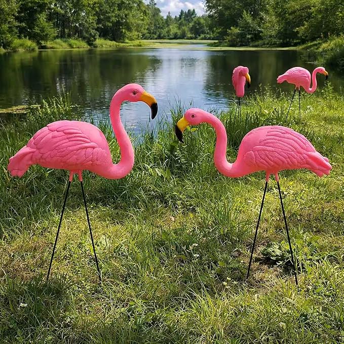GiftExpress Pink Flamingos Yard Decorations - 4 Pack Extra Large 24" Tall Plastic Flamingo Statue w/Metal Stakes - Lawn Ornaments & Garden Decor for Outdoor Parties