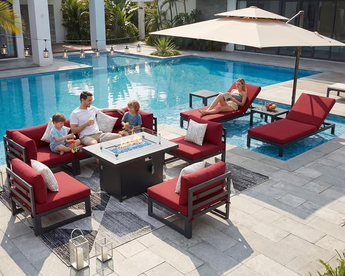 NICESOUL 11 Pcs Aluminum Patio Sectional Furniture Set with Lounge & Fire Pit Table, 500 lbs Heavy Duty Anti-Rust Outdoor Couch, 29" Deep Wide Seat, High End Conversation Sofa for Poolside, Burgundy