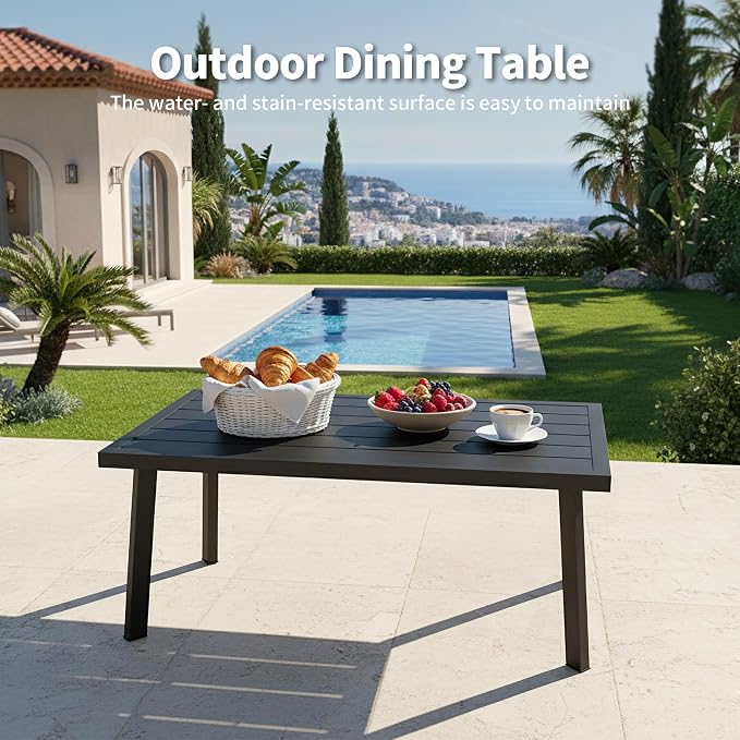Outdoor Coffee Table, Never-Rust Aluminum Patio Table with Wood Grain Texture, Modern Rectangle Slatted Garden Side Table for Porch, Deck, Balcony, Indoor & Lawn (Black)