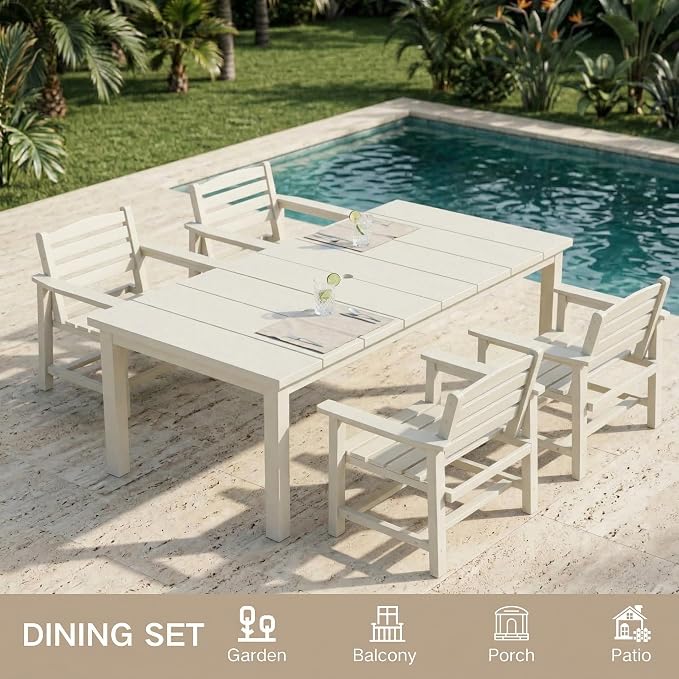 Kingdura 7 Piece Patio Dining Set for 6, 75.2'' HDPE Outdoor Dining Table Set with 2" Umbrella Hole, Weather-Resistant Outdoor Furniture, Table and Chairs Set for Backyard Pool Garden, White