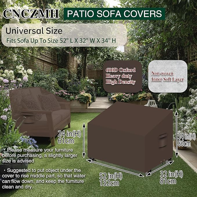 Heavy Duty Patio Sofa Covers Waterproof, Outdoor 3-Seater Couch Cover Waterproof, 600D Outdoor 2-Seater Loveseat Furniture Covers with Air Vent Handle 52''W x 32''D x 24''H/ 34''H Brown