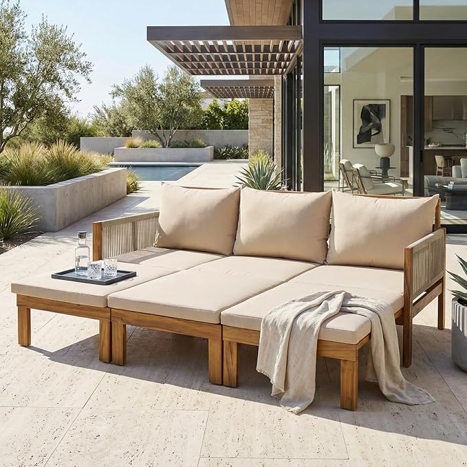 JIVOIT Outdoor Patio Daybed with Rope-Woven Armrests, Convertible Outdoor Sleeper Sofa with Acacia Wood Frame, 3 Seat Patio Sunbed for Backyard, Pool (Brown/85)