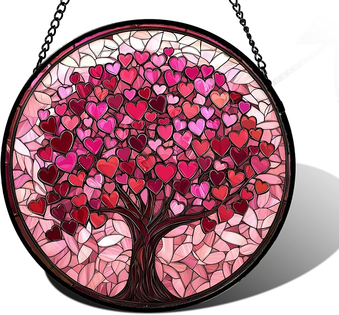 Stained Glass Window Hanging, Birthday Gifts for Women Mom Grandma Nana Wife Couple, Pink Love Tree Suncatcher for Doors Window Home Sun Catchers Gifts Decor 6.3 in