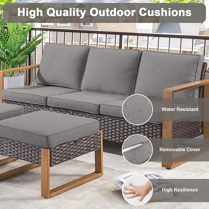 Belord 5 Piece Outdoor Wicker Patio Conversation Furniture Set Deep Seating, Metal Wide Armrests Patio Sofa Set with Rattan Chairs Ottomans for Porch Deck Sunroom Backyard