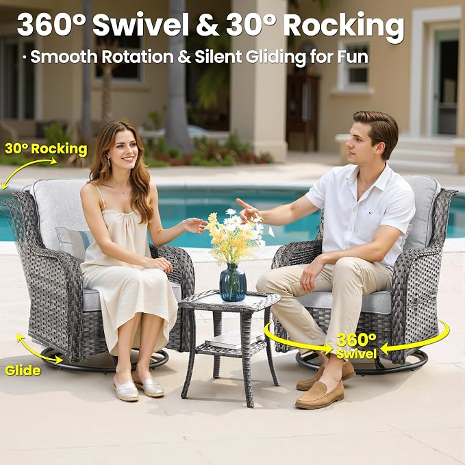 ovios 7 Pieces Patio Furniture Set with 30 inch Fire Pit Table, Outdoor Wicker Sofa Couch Swivel Rocking Glider Chairs, Modern Luxury Conversation Set, Grey Wicker, Grey