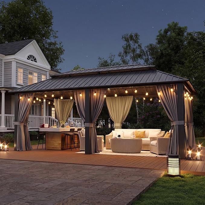 Aoxun 20Ft X 12Ft Hardtop Gazebo, Aluminum Metal Outdoor Gazebo with Breathable Netting and Curtains, Galvanized Steel Double Top, Permanent Patio Pavilion for Backyard, Wedding, Party