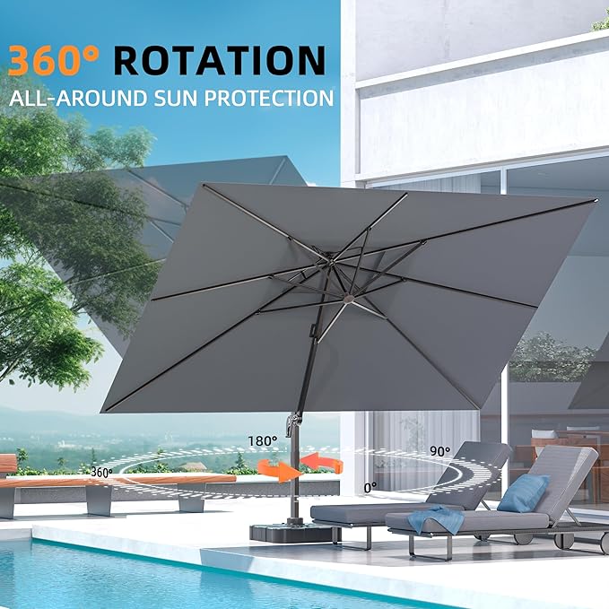 10' X 13' Outdoor Patio Umbrella Large Rectangle Cantilever Umbrella with Base Included, Heavy Duty 360°Rotation Offset Umbrella for Garden Deck Pool Patio,Grey