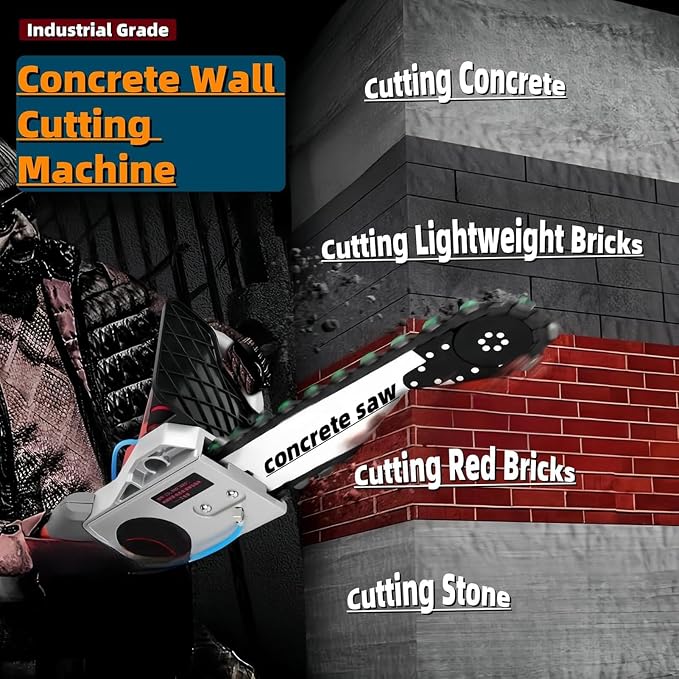Electric Concrete Chainsaw Wall Cutter Machine 5800W 6500W Handheld Concrete Chain Saw with 2 Diamond Concrete Saw Chain and Water Supply and Dust Suppression (14" Cutting Depth)