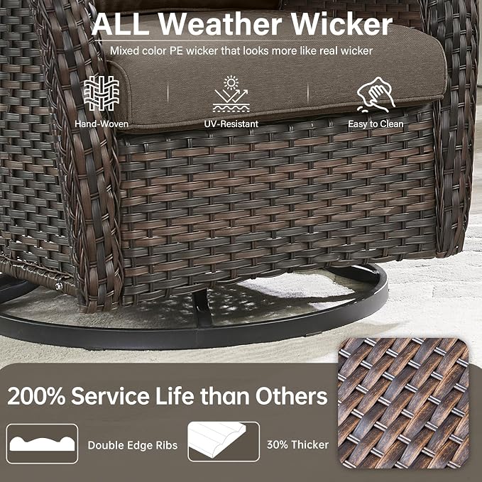 Outdoor Swivel Rocker Patio Chairs Set of 6-5" Thick Cushion 6 Piece Furniture Set with Fire Pit Table All Weather Wicker Conversation Set for Porch Deck - Brown Wicker | Grey Cushions