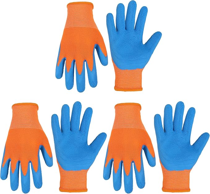 HANDLANDY 3 Pairs Kids Gardening Gloves, Grippy Kids Work Gloves, M | Foam Rubber Coated Children Toddler Garden Yard Work Cycling Outdoor Playing Gloves for Girls Boys