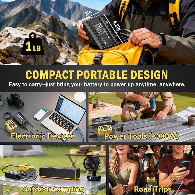 300W Power Inverter Compatible with Dewalt 20V Battery, DC 20V to AC 110V Battery Converter with PD 65W Type-C Fast Charging & 20W USB-C, 2 AC Outlet & 2 USB-A Port Portable Power Station for Camping