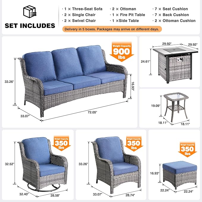 ovios 9 Pieces Patio Furniture Set with 30 inch Fire Pit Table, Outdoor Wicker Sofa Couch Swivel Rocking Glider Chairs, Modern Luxury Conversation Set, Grey Rattan, Denim Blue