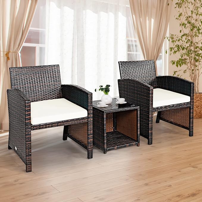 Tangkula 3-Piece Outdoor PE Rattan Furniture Set, Patio Conversation Set w/Chair & Storage Coffee Table, Detachable Cushion, Stable X-Shaped Frame, Perfect for Garden, Backyard, Poolside (White)