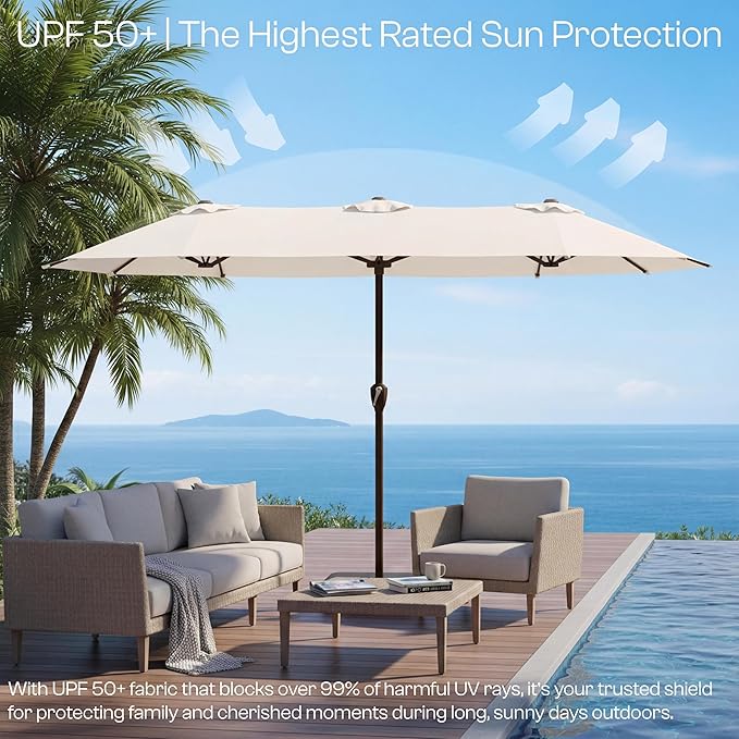15FT Large Patio Umbrella with Base, Double Sided Rectangular Outdoor Umbrella with Sturdy Fiberglass Ribs, UPF 50+ Sun Protection, Wind-Resistant, Waterproof Fade-Resistant Fabric for Pool, Garden, Backyard, Deck(Creamy-white)