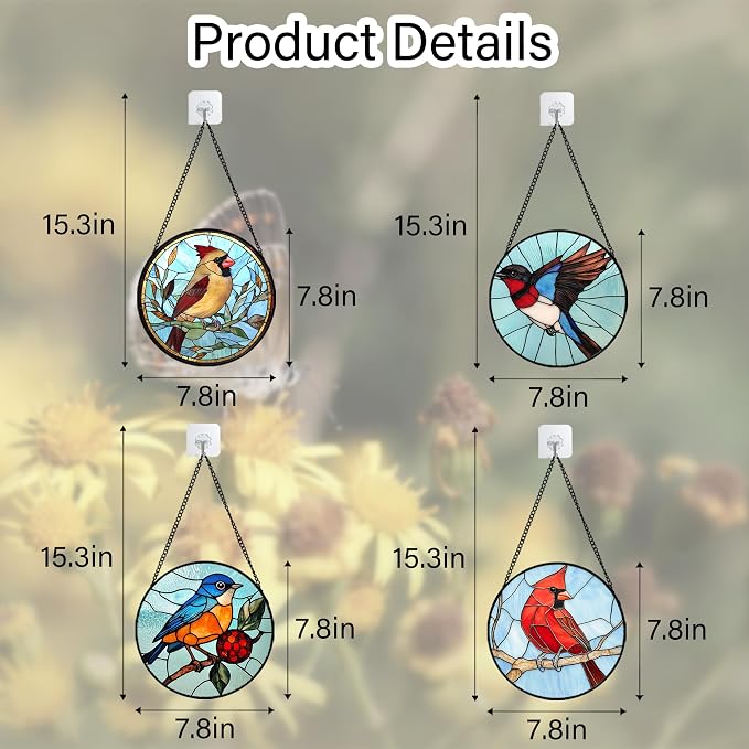 Stained Glass Window Hanging 4 Pcs Set Cardinal Blue Birds 7.8" - Suncatcher Door Garden Sun Catcher Decor Birthday Mother's Day for Bird Lovers Men Woman Nana Friend
