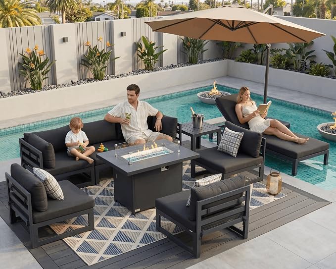 NICESOUL 9 Piece Oversized Modular Aluminum Outdoor Furniture Set with Chaise Lounge, 29" Deep and Wide Sectional Seating, 500 lbs High Weight Capacity Patio Conversation Set for Poolside Deck, Black
