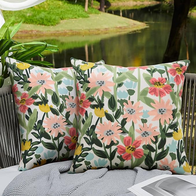 Pyonic Outdoor Pillows Cover Pack of 2 Spring Floral Waterproof Throw Pillow Covers 20X20 inch Outdoor Pillows for Patio Furniture Garden Square Outside Waterproof Pillow