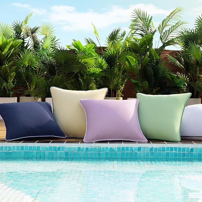 Phantoscope Pack of 2 Outdoor Waterproof Throw Pillow Covers with Contrast Piping, Decorative Square Cushion Case Patio Pillows for Couch Tent, Butter Yellow 12x20 inches